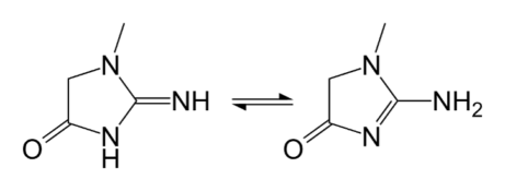Chemical structures showing the tautomeric equilibrium of a creatinine molecule between its imine form on the left and amine form on the right, connected by a double-headed equilibrium arrow.