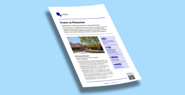 Evotec at Princeton Science Pool factsheet displayed at an angle on a light blue background, showing the company logo, key statistics (10+ years expertise, 70+ scientists, 500+ protein samples, 400+ X-ray structures), and partnership highlights.