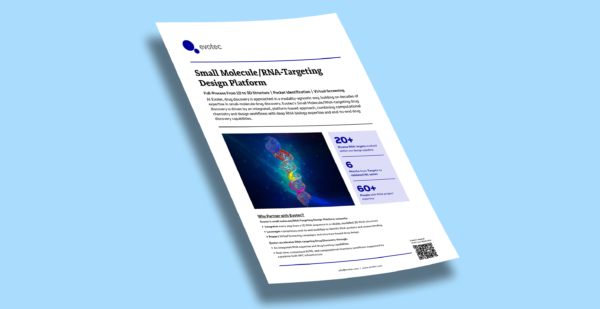 Evotec service sheet for their Small Molecule/RNA-Targeting Design Platform, highlighting key stats and capabilities, displayed at an angle on a light blue background.