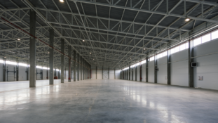A wide-angle interior view of a massive, empty warehouse or industrial building. The space features a polished gray concrete floor that reflects the light, a rows of concrete support pillars, a high ceiling supported by an open metal truss system, and a row of high clerestory windows along the right wall.