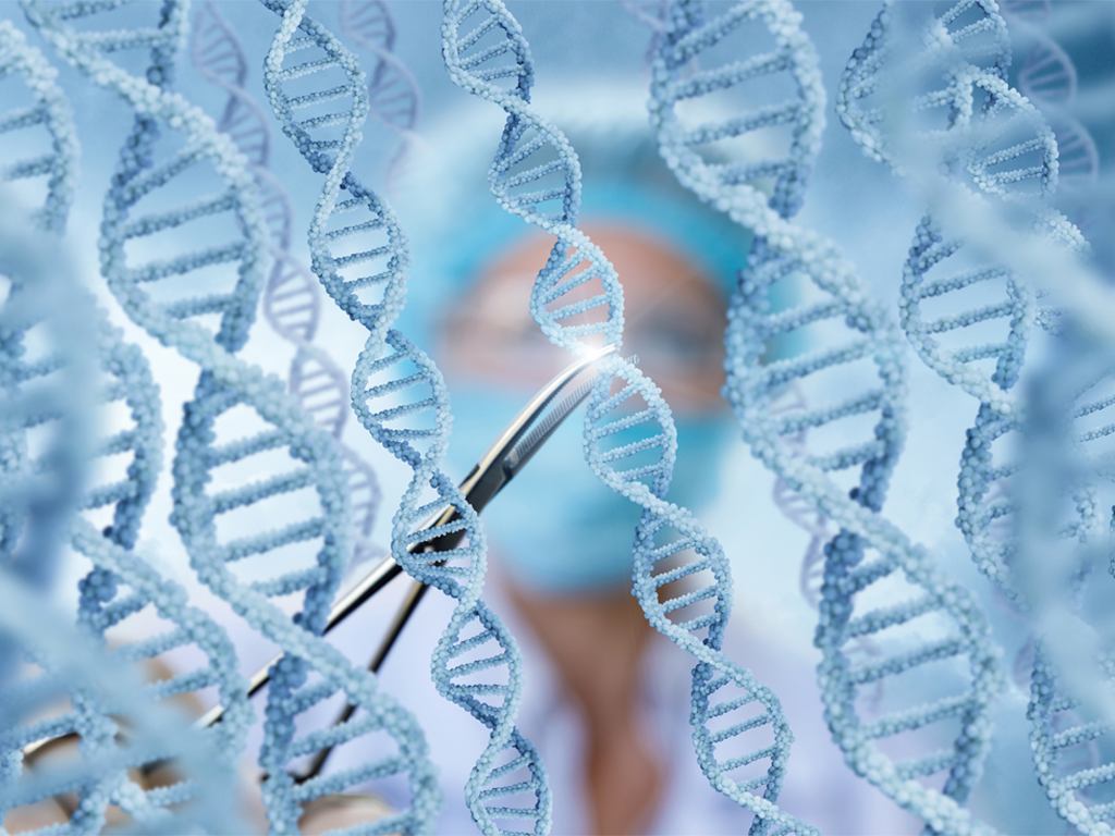 Illustration of DNA double helices with a scientist using tweezers on one strand, representing gene editing.