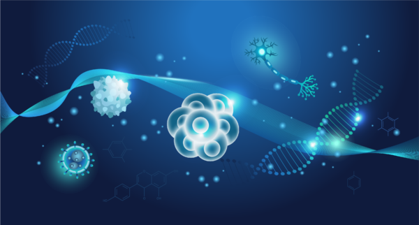 Science blue abstract background with stem cells, nerve cell, erythrocyte and gene. Target validation in complex disease models using disease-relevant in vitro cellular systems.