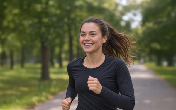AI-generated image (created with Copilot) of a smiling young woman jogging along a tree-lined park path.