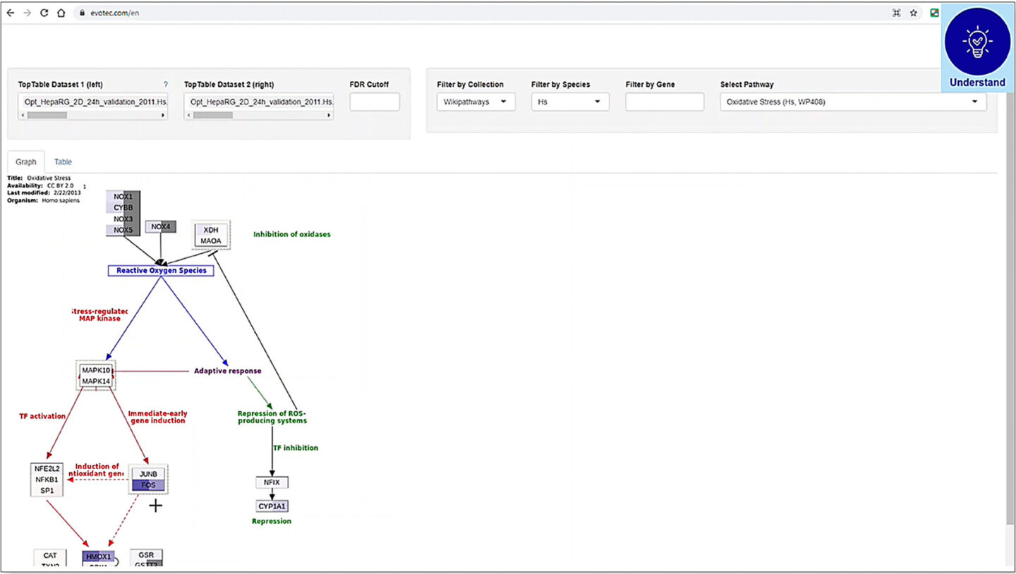 Side by side comparison of two differential analysis results on pathway diagram using the Pathway Mapping app in Pan Hunter