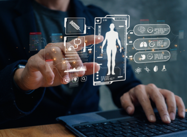 Healthcare professional interacting with a holographic medical interface showing a human body silhouette surrounded by digital health data panels. The display includes medical icons for diagnostics, organ systems (brain, lungs, stomach), and treatment information with glowing connection points, representing advanced digital healthcare technology and biomarker analysis.